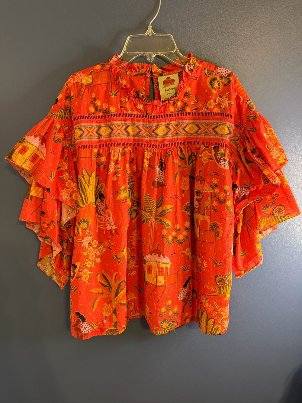 FARM Rio Bright Orange Tropical Ruffle-Sleeve Blouse Large